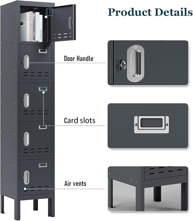 BUTISOW Metal Storage Locker with Lock & Card Slot Locker - Secure Lockable Door - Steel Locker for School, Office, Gym, Home - 66.15" H x 11.8" W x 11.8" (5 Door, Grey)