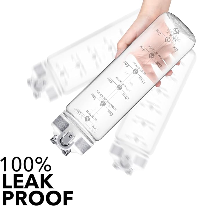 Hyeta Clear Plastic Water Bottle With Straw & Time Marker, 32oz Leakproof | Motivational Clear Tritan BPA Free Gym Office Outdoor Intake Tracker Hourly Reminder Straw Lid Lightweight