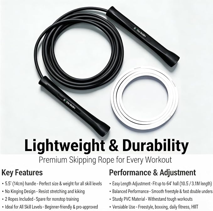 HEREROPE Adjustable Jump Rope – 5mm PVC Skipping Rope with Unbreakable Handles, Non-Kinking, Includes 1 Spare Rope for Indoor & Outdoor Fitness Training for Men, Women