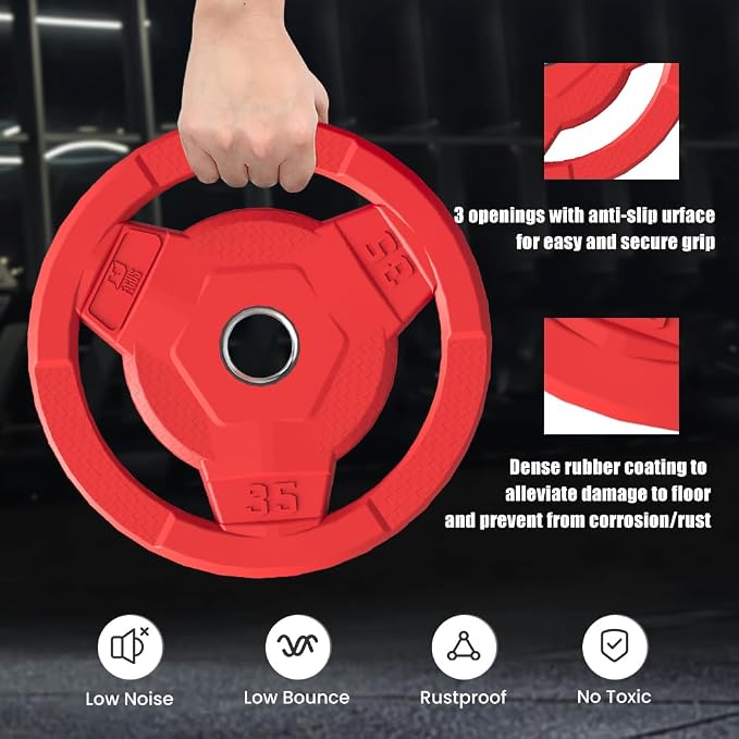 Color Coded 2-Inch Rubber Coated Olympic Grip Plate for Barbell,Solid Cast Iron Weight Plates for Strength Training, Weightlifting, Home Gym, 2.5/5/10/15/25/35/45 LB, Single and Pair