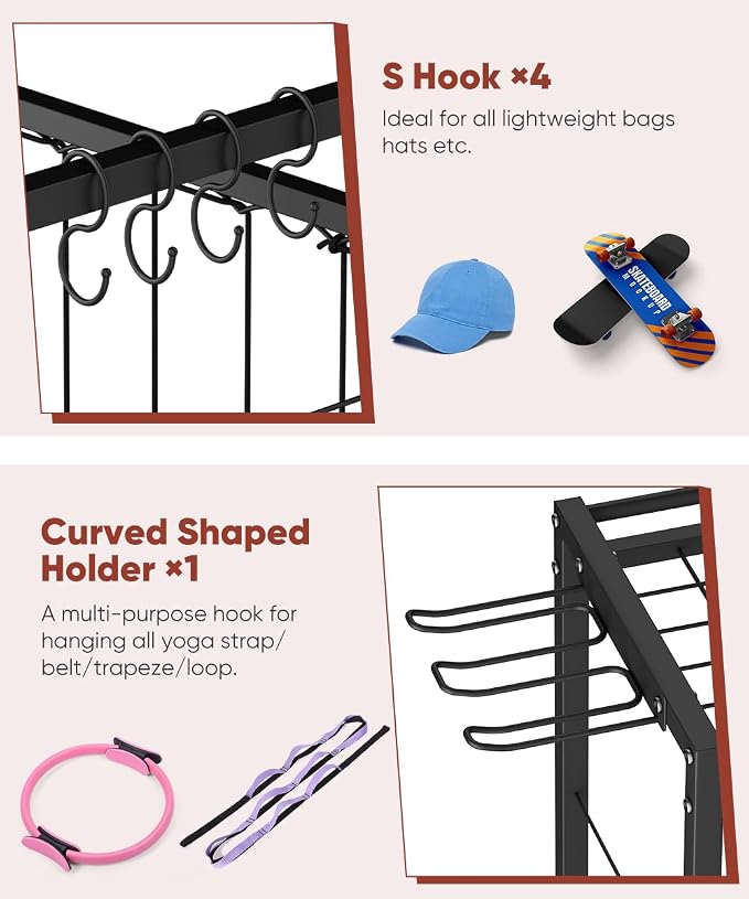 3 Tiers Dumbbells Yoga Mat Storage Rack with Elastic Straps for Kettlebells Foam Roller Resistance Bands Balls, Workout Equipment Organizer Weight Storage Holder with Hooks for Home Gym