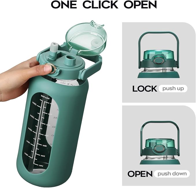 chunmo 74 oz Glass Water Bolttles with Straw Large Motivational Water Bottle with Time Marker Sports Water Bottles with Silicone Sleeve and Handle Lid 2.2L Water Jug for Gym Workout