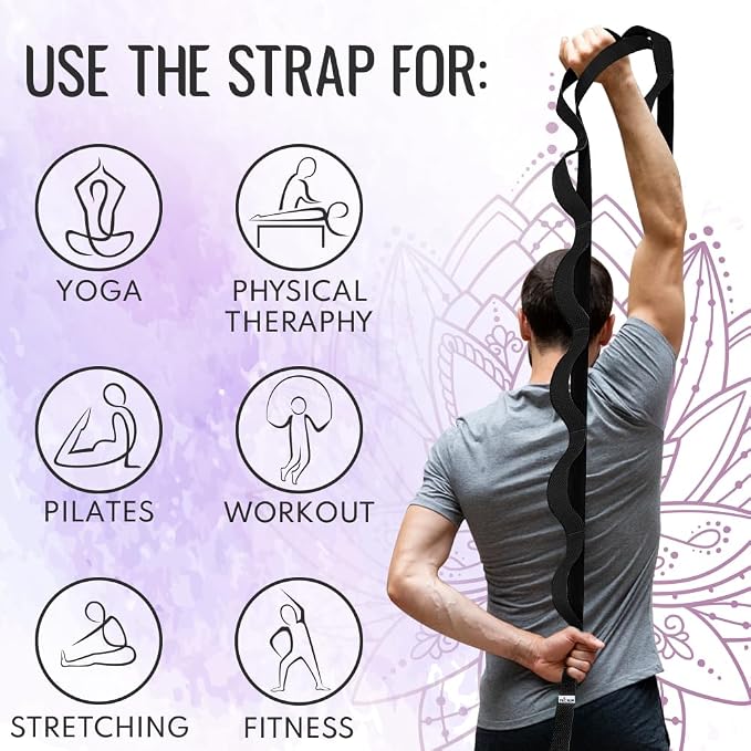 TECEUM Stretching Strap with 10 Loops for Physical Therapy & Rehab | Non-Elastic Yoga Stretch Band for Hamstring, Leg, Hip & Knee Rehab, Pilates, Flexibility & Mobility Exercises for Men & Women