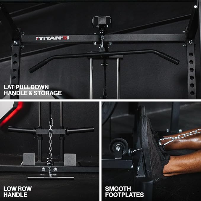 Titan Fitness T-2 Series 71" LAT Pulldown and Low Row Attachment, Plate-Loaded 300 LB Capacity, Space Saving Rack Mounted LAT Pulley Tower, Includes LAT Pulldown and Low-Row Handle