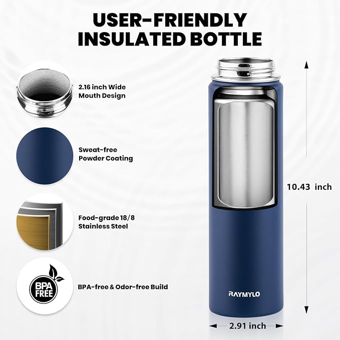 RAYMYLO Insulated Water Bottle 24 oz, Triple Wall Vacuum Stainless Steel | (Cold for 24Hrs, Hot for 12Hrs), Leak Proof & Non-BPA, Modern Water Flask Jug with Paracord Handle & Straw Spout Lids