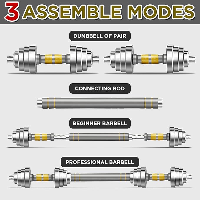 PHOEROS Adjustable Dumbbell Set - 44/66/88 LBS weights set, Dumbbell Barbell 3 in 1, Steel Dumbbells Pair with Connecting Rod for Adults Women Men Fitness Workout, Home Gym Exercise Training Equipment