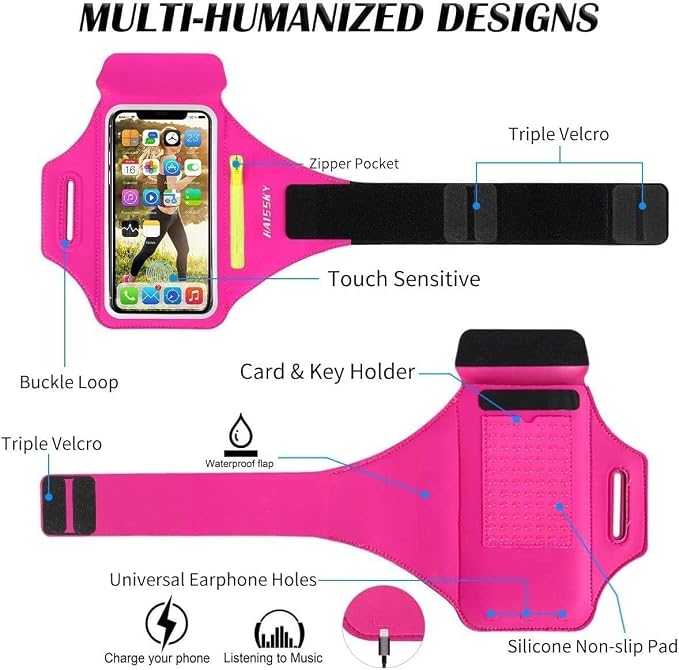 HAISSKY Water Resistant Gym Running Armband Phone Holder with Earphone Pocket Cell Phone Pouch Armband Case Adjustable Velcro