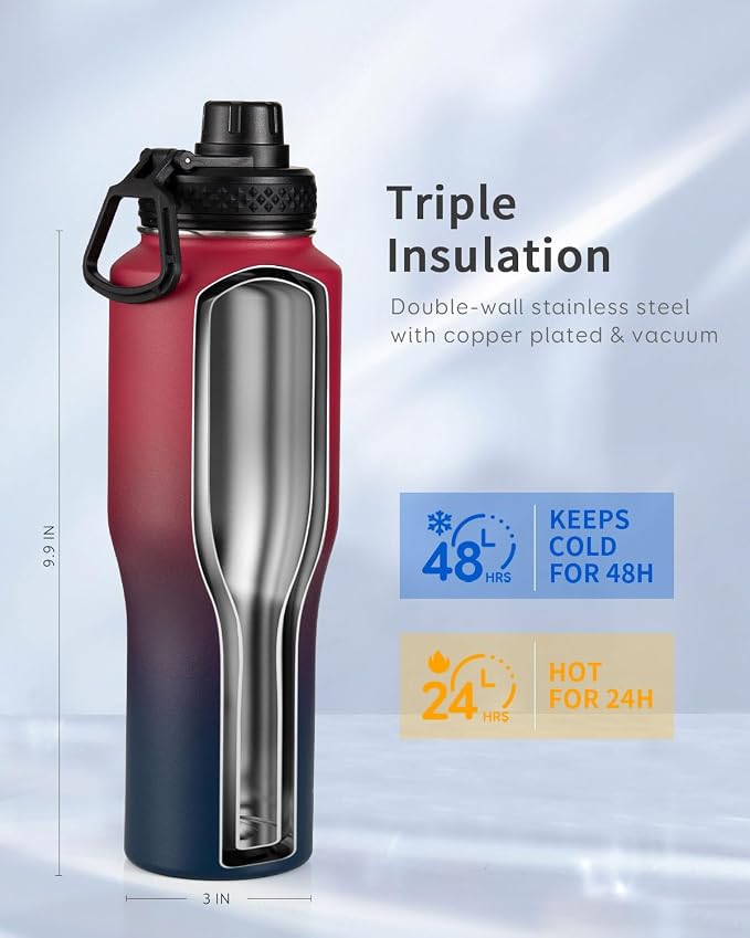 Trebo 40 oz Water Bottle Insulated Fit in Any Car Cup Holder with 2 Lids | Stainless Steel T-shape Tumbler with Paracord Handle, Triple Wall Vacuum Copper Plated, Cold 48 Hrs for Travel, Wide Mouth