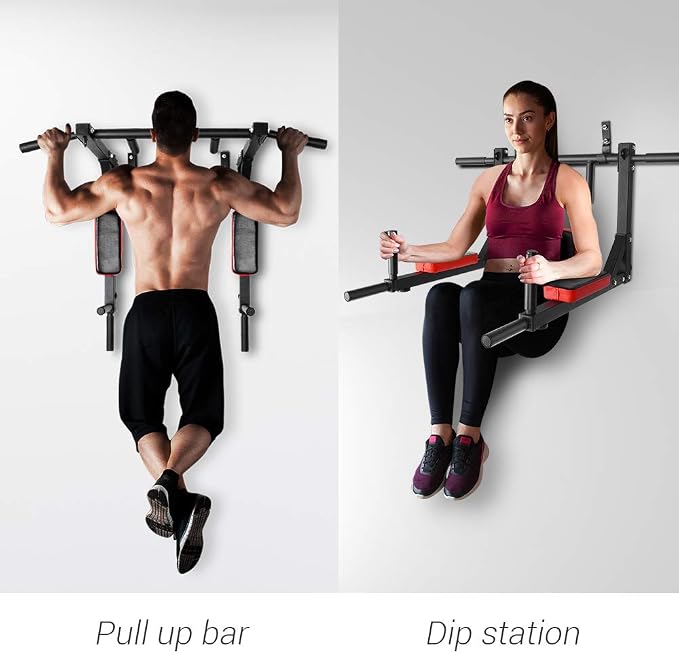 OneTwoFit Multifunctional Wall Mounted Pull Up Bar Chin Up bar Dip Station for Indoor Home Gym Workout, Power Tower Set Training Equipment Fitness Dip Stand Supports to 440 Lbs