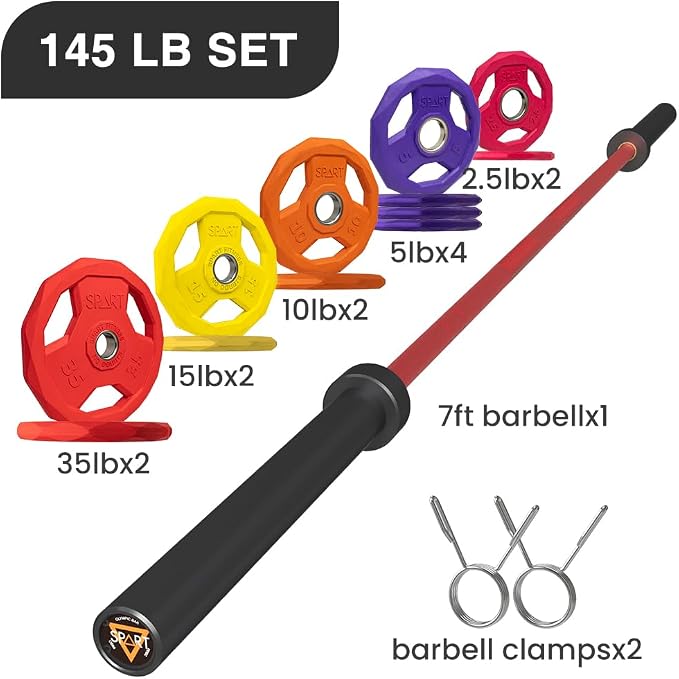 7FT Olympic Barbell Bar with Weight Plate Set Combo, Solid Olympic Bar with Bearings, 700Lbs Capacity Weight Bar for Home Gym Strength Training, Weightlifting, Powerlifting, Fit for 2" Olympic Plates