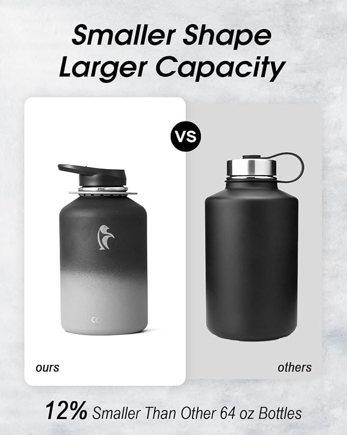 Coolflask Half Gallon Water Bottle Insulated Stainless Steel with Strap | 64 oz Large Water Jug with Straw & Spout Lids,Triple-Wall, Cold 48+h,Dishwasher Safe, Leakproof, BPA-Free,for Gym & Hiking