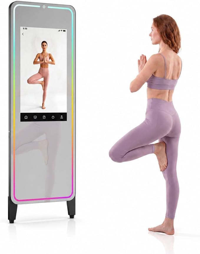 Smart Gym Mirror with 32 Inch FHD Touchscreen, Full-Length Fitness Mirror | 63" Smart Fitness Mirror with Android OS, Voice Control, Ideal for Home Gym, Yoga, Dance and Full-body Workouts
