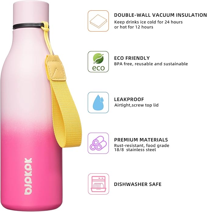 BJPKPK 18oz Insulated Water Bottle, Stainless Steel Bottle with Carry Strap | Keep Cold & Hot Vacuum Insulation, Leak-Proof BPA-Free Design, Slim Bottle Fits Most Cup Holders for Gym, Office & Travel