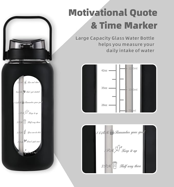 74 oz Glass Water Bottle with 2-in-1 Straw Lid Large Gallon Water Bottle with Time Marker & Removable Silicone Sleeve,Wide Mouth BPA-Free Borosilicate Bottle for Gym, Workout & Daily Use