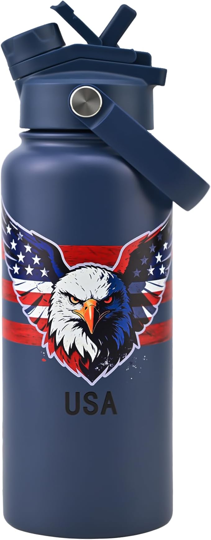 KEWIXY American Flag Insulated Water Bottle 32 oz, 2-in-1 Straw Lid, Leak Proof, Keep Cold 24H, Vacuum Travel Stainless Steel for Men Dads Grandpa, Birthday Christmas July 4th, Patriotic, USA Eagle
