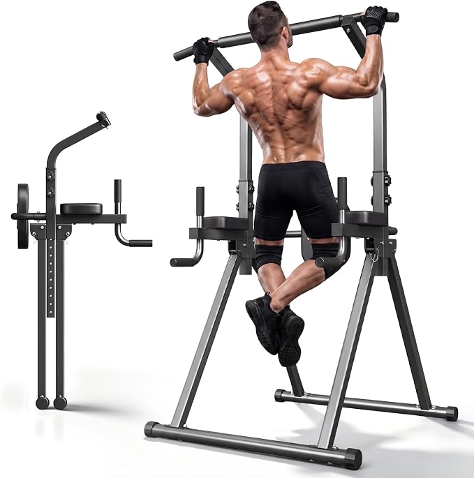 YYJO Foldable Pull Up Bar Free Standing Multi-function Power Tower Dip Bar with Assistance Bands Home Gym Strength Training Equipment