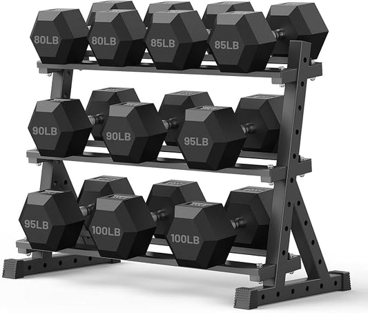 PAPABABE Dumbbell Set with Rack Dumbbells Rubber Encased Home Gym | PAPABABE Complete & Durable Cast Iron Core Odorless PVC Antiroll Hex Shape Ergonomic Chrome Handle Versatile Home Gym