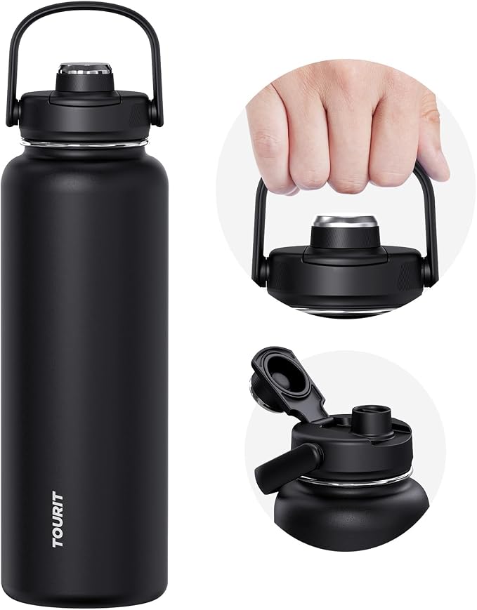 TOURIT 40 oz Insulated Stainless Steel Water Bottle, Black | Double-wall vacuum thermal flask with top handle, leakproof & BPA-free design for sports, gym, hiking & travel use