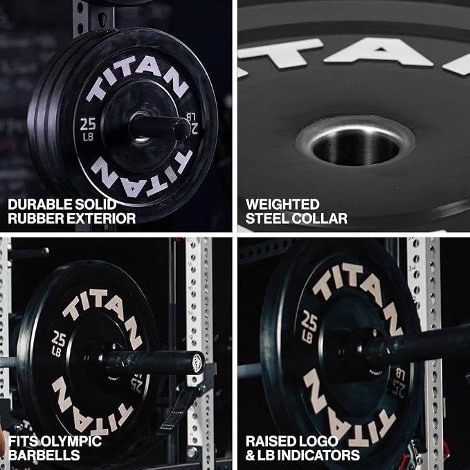 Titan Fitness Economy Series Black Olympic Bumper Plates, Durable Rubber Exterior with Steel Core, Weightlifting and Strength Training Weight Plate