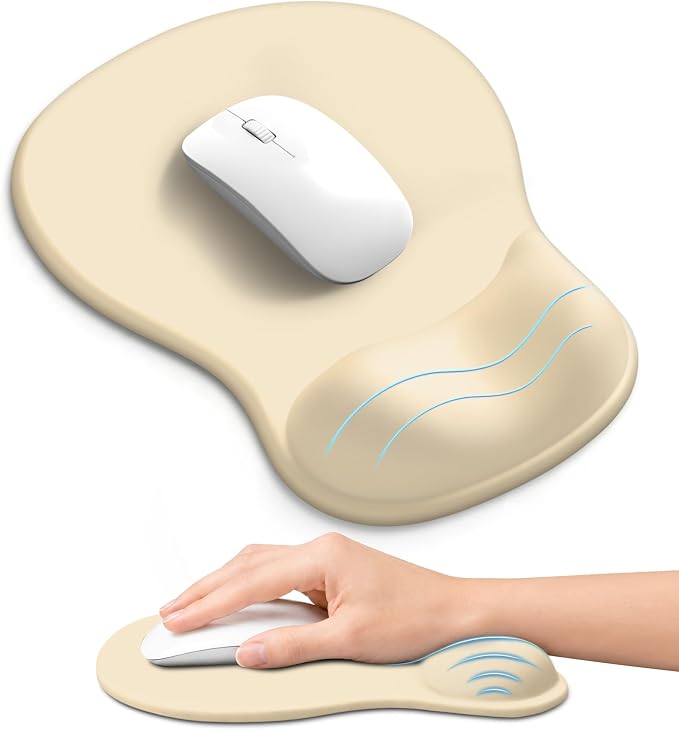 Ergonomic Mouse Pad with Wrist Rest, Gel Wrist Support, Beige | 10.2 x 7.6 in Mouse Pad with Smooth Fabric Surface and Non-Slip Rubber Base for Office, Home, Study, and Gaming