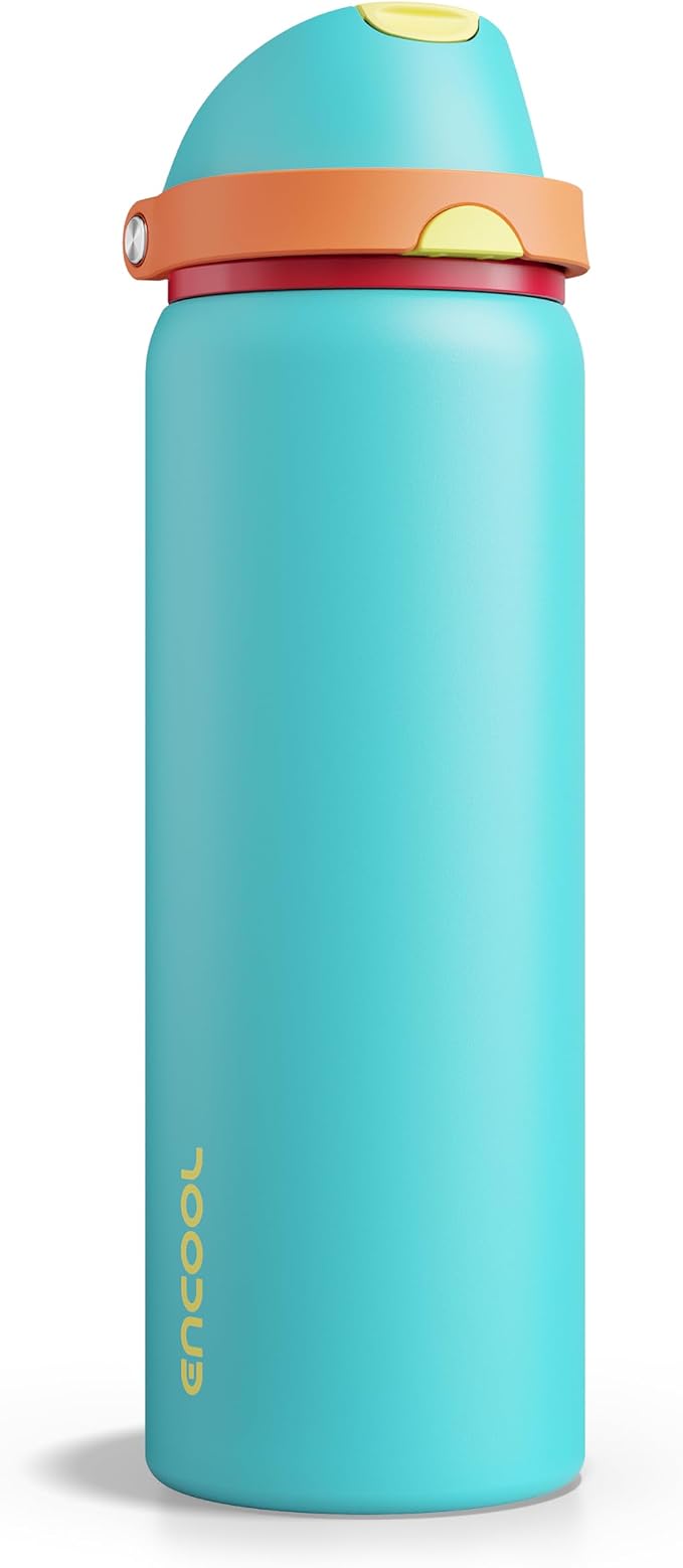 Insulated Water Bottle with Straw - Encool Stainless Steel Water Bottle with Push Button Lid, Leak-Proof & BPA-Free, Keeps Cold for 24 Hours for Sports, Travel, Gym (32 oz, Cerulean Blue)