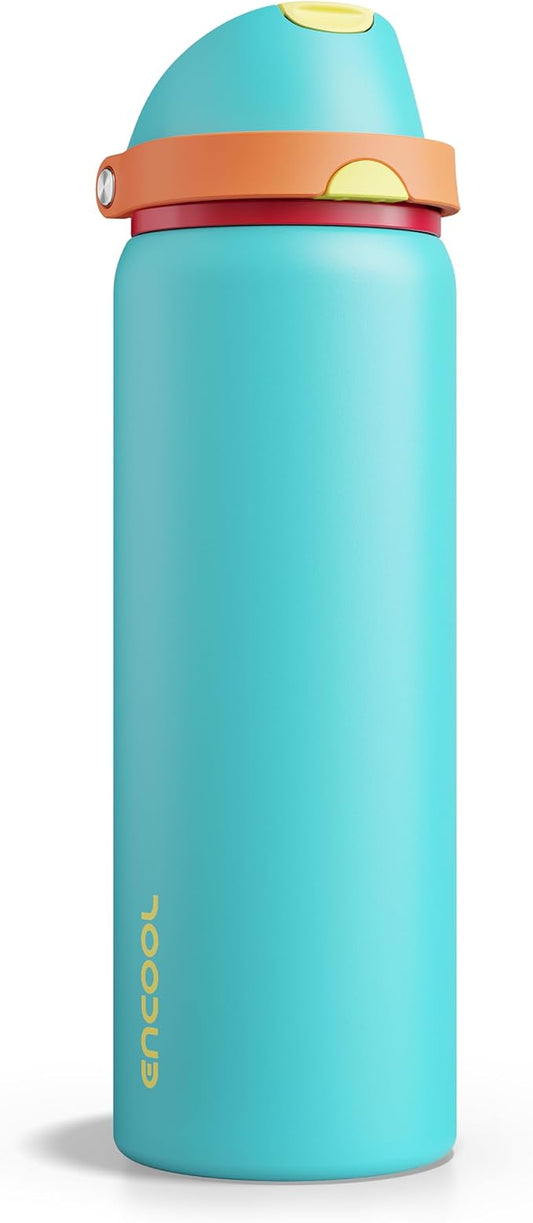 Insulated Water Bottle with Straw - Encool Stainless Steel Water Bottle with Push Button Lid, Leak-Proof & BPA-Free, Keeps Cold for 24 Hours for Sports, Travel, Gym (32 oz, Cerulean Blue)
