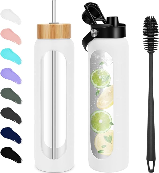 FULBEVY 25 oz Glass Water Bottles - Motivational Tumbler With Time Marker - Borosilicate Glass With Silicone Sleeve and 2 Lids, Handle Spout & Bamboo Straw Lid (White)