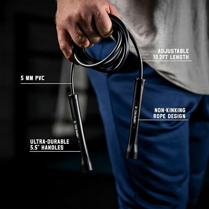 HEREROPE Adjustable Jump Rope – 5mm PVC Skipping Rope with Unbreakable Handles, Non-Kinking, Includes 1 Spare Rope for Indoor & Outdoor Fitness Training for Men, Women