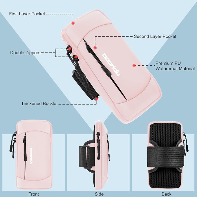 Running Armband Phone Holder, Water Resistant Arm Band 7.5" Pink | Lightweight, Adjustable Cell Phone Holder for Running, Large Capacity Arm Bands for iPhone 17 16 Pro Max Samsung Galaxy