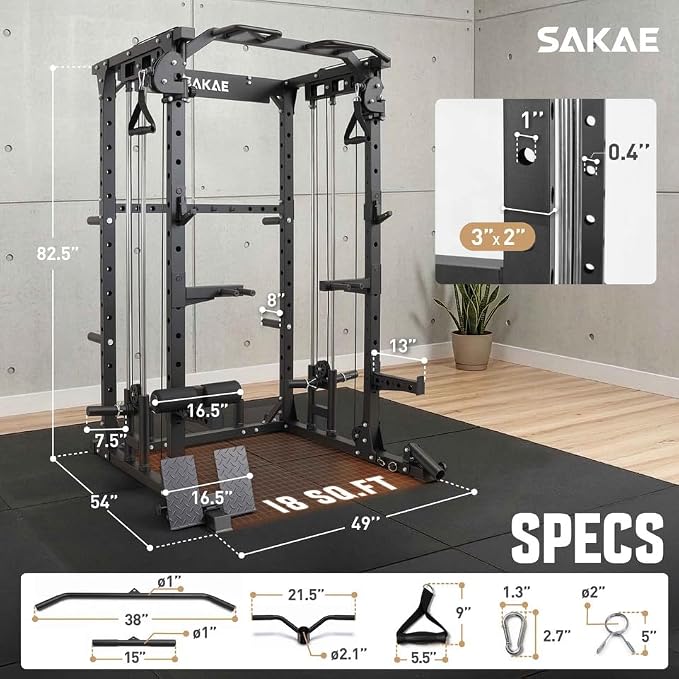 SAKAE Squat Rack with Cable Crossover System, Power Rack with LAT Pull Down, Pull-Up Bar, Dip Bars, Weight Bench, 260 LB Bumper Plates, 7 FT Olympic Bar & Training Attachments, Multiple Options