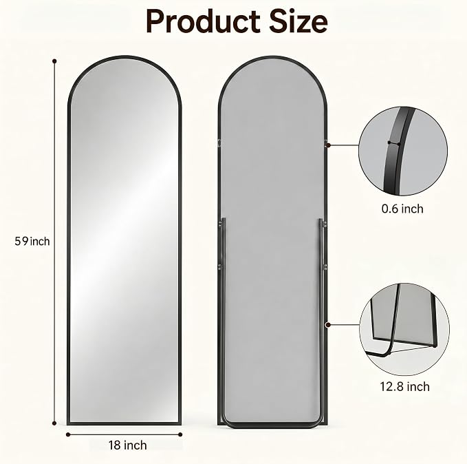 Antok Full Length Mirror, 59"x18" Floor Mirror with Stand, Hanging Mounted Mirrors for Bedroom, Living Room, Cloakroom, Dining Room, Black, Arched