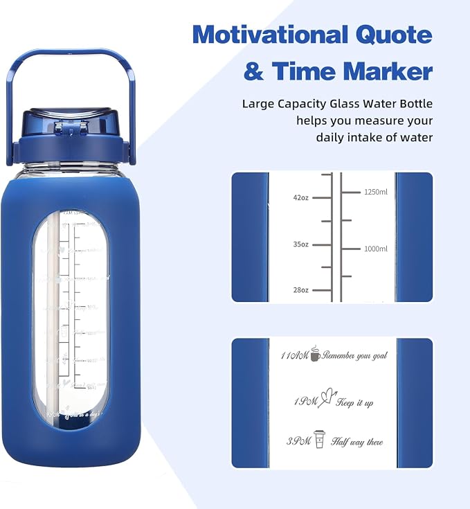 42 oz Glass Water Bottle with 2-in-1 Straw Lid Large Half Gallon Water Bottle with Time Marker & Removable Silicone Sleeve,Wide Mouth BPA-Free Borosilicate Bottle for Gym, Workout & Daily Use