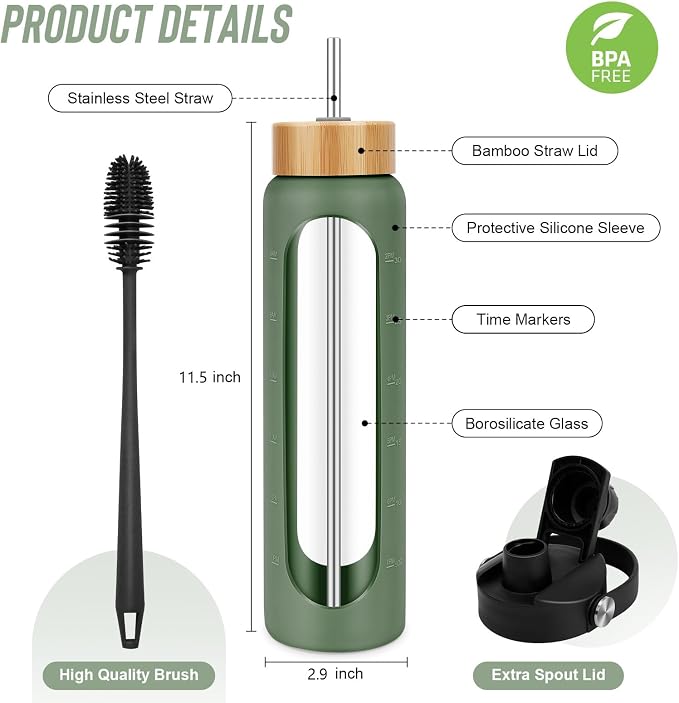 FULBEVY 25 oz Glass Water Bottle with Time Marker, 2 Lids & Silicone Sleeve