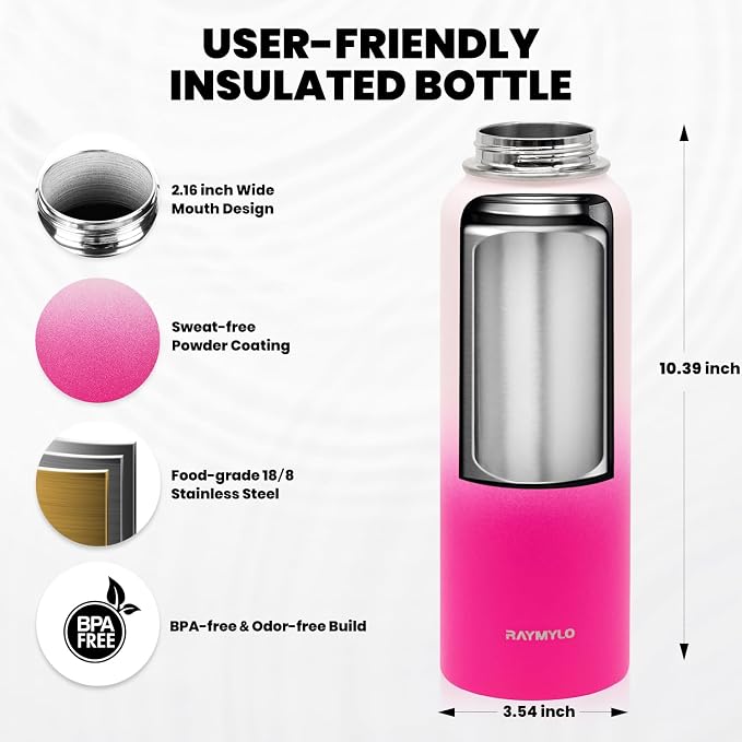 RAYMYLO Insulated Water Bottle 40 oz, Triple Wall Vacuum Stainless Steel | (Cold for 36Hrs, Hot for 18Hrs), Leak Proof & Non-BPA, Modern Water Flask Jug with Paracord Handle & Straw Spout Lids