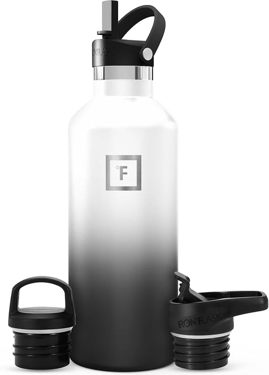 IRON °FLASK 32 oz Narrow Mouth Water Bottle with 3 Lids | Insulated Stainless Steel Sports Water Bottle with 3 Leakproof Lids - BPA Free, Cold 24 Hrs, Sweat Free (Day & Night)