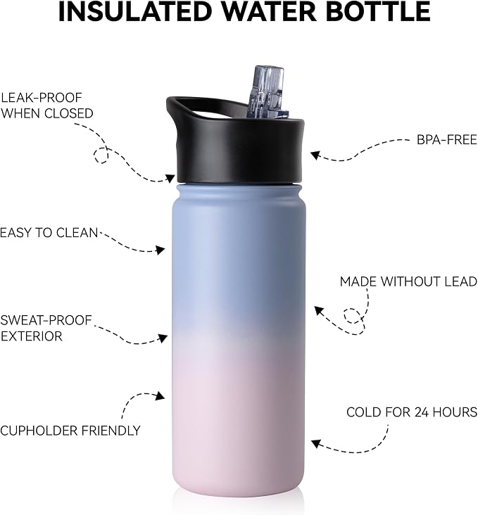 16 oz Insulated Water Bottle Bulk 4 Pack, Straw & Spout Lid, Keep Cold 24H, Spill Proof, BPA-Free, Double Wall, Stainless Steel Kids Water Bottles for School, Sports, Pink Blue Gradient