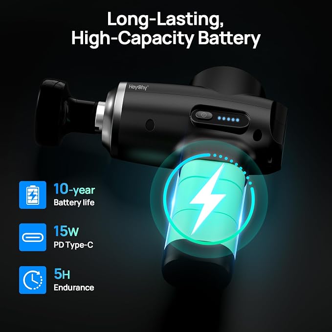 HEYCHY Percussion Massage Gun Deep Tissue with Heat, FSA Eligible, 12mm Amplitude Massager for Back Neck Relief, Quite for Home Gym Use, Athletes, Men Women, HSA Eligible