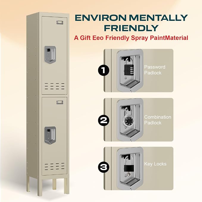 BUTISOW Metal Locker, Beige, 2 Door, 66.15" H x 11.8" W x 11.8" D