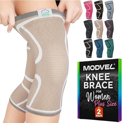 Modvel 2 Pack Knee Brace for Women - Knee Support for Walking, Knee Compression Sleeves for Pain Relief, Knee Sleeves for Women, Knee Brace for Sports, Workouts & Arthritis