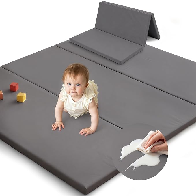 SEPARO Foldable Baby Play Mat,Vegan Leather 47x47 Baby Mat for Floor,Grey | Trifold Waterproof Playmat for Babies,Soft Foam Tumbling Mat,Wipe-Clean&Non-Slip Outdoor Mats,Playmate for Baby Tummy Time