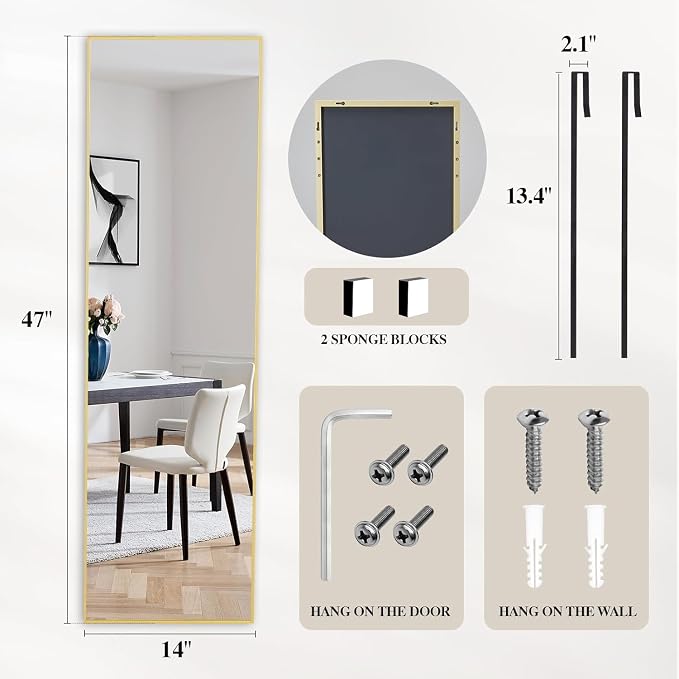 Alpen Gold Over The Door Mirror, 47x14 Inches Full Body Mirror Full Length | No Drill Closet Mirror for Bedroom, Space Saving Door Mount Design for Apartment Decor Outfit Checks