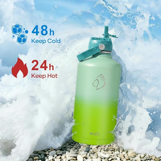 BUZIO 1 Gallon Water Bottle Insulated with Dust-proof Straw & Spout Lids | 128 oz Large Water Jug 18/8 Stainless Steel Triple Wall (Keep Cold 48Hrs/Hot 24 Hrs), Dishwasher Safe, Sweat-Proof, Black