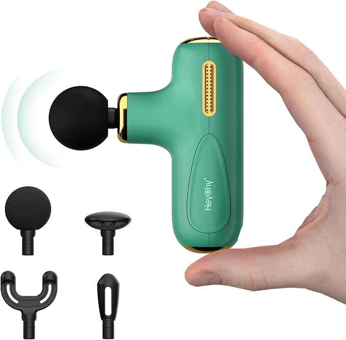 Super Mini Massage Gun Deep Tissue, Percussion Massager with 4 Heads | Handheld Massagefor Back Neck Shoulder Relief, FSA Eligible, Quiet for Men Women Athletes, HSA, Green