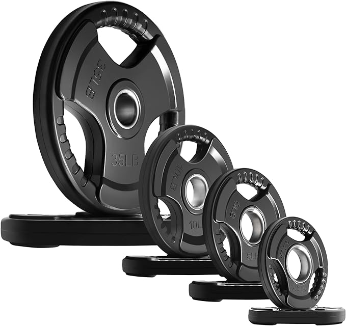 RitFit Olympic Rubber Grip Weight Plates, 2-Inch Barbell Set | Solid Iron Core, Rubber Coated, 2-Inch Olympic Bar Compatible, 3-Hole Grip, 2.5LB to 45LB Weight Options