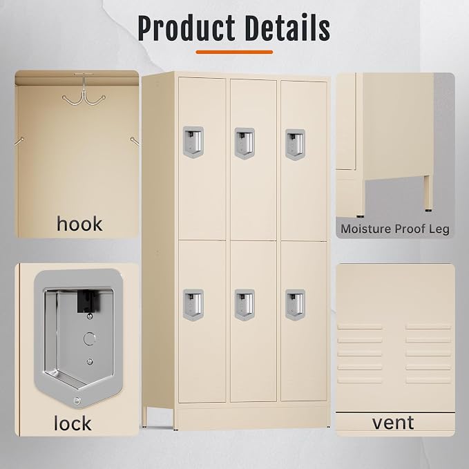 BUTISOW 72" 6 Door 16-Gauge Steel Employee Lockers, Lockable for Gym | Padlock Compatible, 6 Door, 12 Hanging Hooks, Ventilated, Adjustable Shelf, Powder Coated, Rust Resistant, 72 Inch Height
