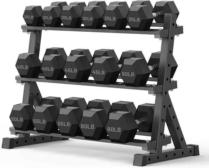 PAPABABE Dumbbell Set with Rack, 540-850lb, Rubber Encased, Home Gym | Complete & Durable Cast Iron Core Odorless PVC Antiroll Hex Shape Ergonomic Chrome Handle Versatile Home Gym