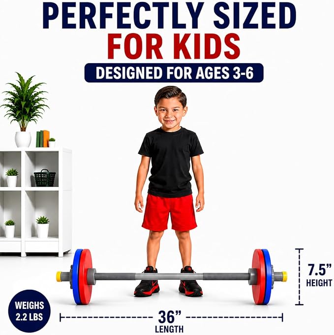 WOD Toys® Barbell Mini - Adjustable Kids Barbell Toy Weight Set for Kid Fitness, Weightlifting and Power lifting - Safe, Durable Kid's Gym Workout and Exercise Equipment for Toddlers and Children