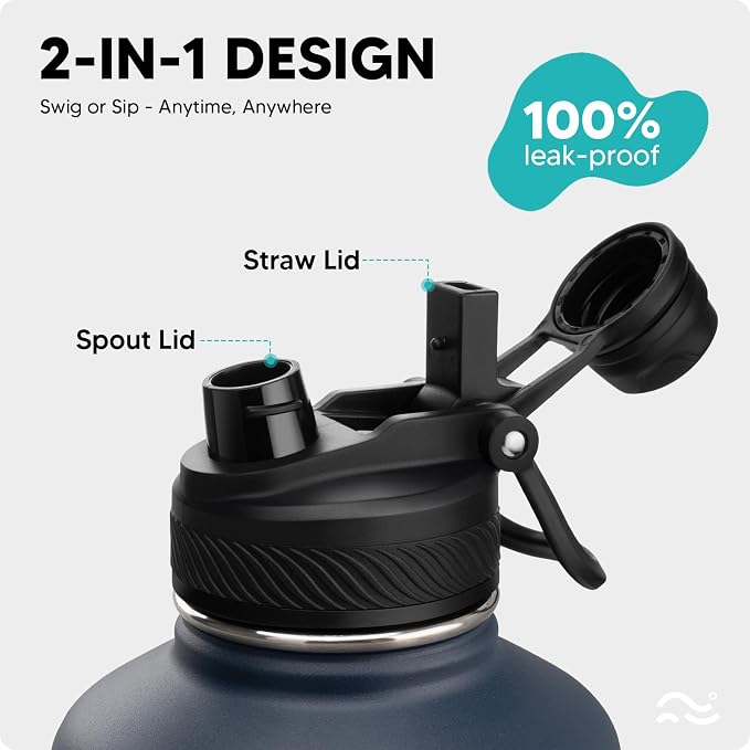Swigina [2-IN-1 LID] 64 oz Insulated Water Bottle with Silicone Boot (48hrs Cold/24hrs Hot) - DIY Stickers, Leakproof, BPA Free, Half Gallon