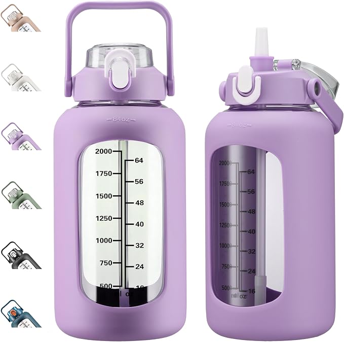 84oz Glass Water Bottle with Straw, 2.5 Liter Large Water Bottle with Silicone Sleeve and OZ Marker, Wide Mouth Gallon Glass Bottle with 2-in-1 Lid, Leakproof Water Jug for Gym Home, Purple