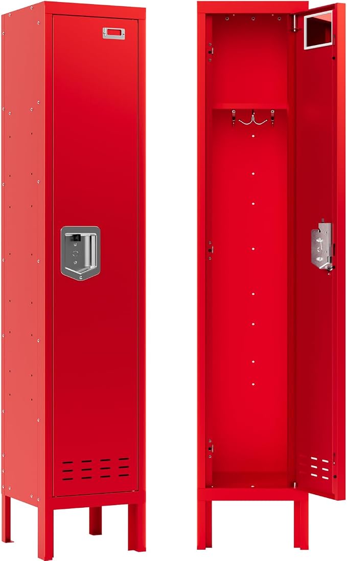 BUTISOW Metal Storage Locker with Lock & Card Slot Locker - Secure Lockable Door - Steel Locker for School, Office, Gym, Home - 66.15" H x 11.8" W x 11.8" D（1 Door, Red）